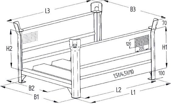 Lagergestell verzinkt B1200xT1000xH600 mm Nutzlast1,5t Auflast4,5t längsseitig Wandumschlag