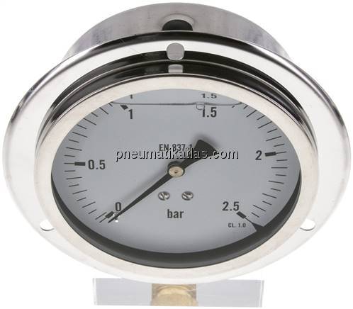 Glycerin-Einbaumanometer,Frontring, 100mm, 0 - 2,5 bar