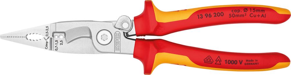 Elektroinstallationszangeverchromt VDE mit 2-Komponenten-Griffen 200mm KNIPEX