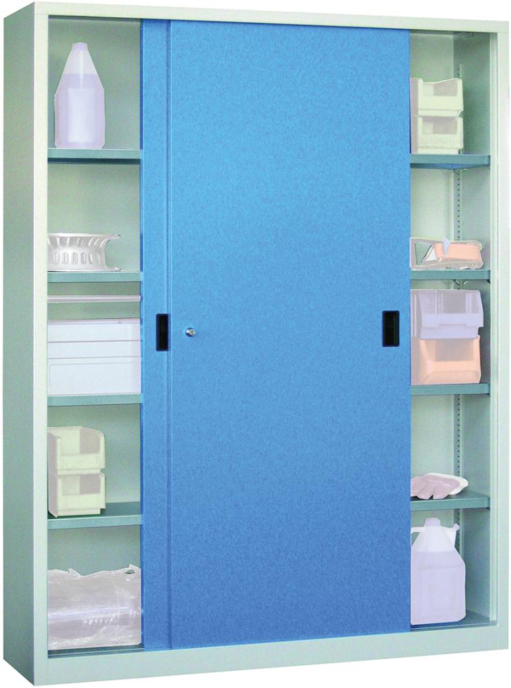 Schiebetürenschrank B1500xT600xH1950 mm 8 Böden verz. Mittelwand RAL 7035/5012