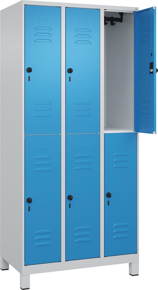 Doppelst. Schrank CLASSICB900xT500xH1950 mm RAL 7035/5012, 3x2Abteilemit 100 mm hohen Füßen