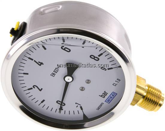 Glycerin-Manometer senkrecht (CrNi/Ms),100mm, -1 bis 9 bar