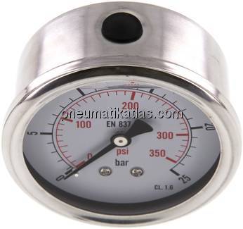 Glycerin-Manometer waagerecht (CrNi/Ms),63mm, 0 - 25bar