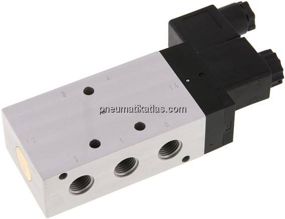 5/2-Wege Magnetventil, G 1/4", Feder, 12 V DC, Standard