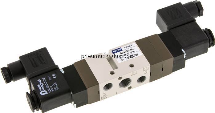 5/3-Wege Magnetventil, G 1/4", Mittelstellung geschlossen, 230 V AC