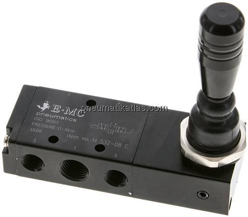 5/3-Wege Handhebelventil, G 1/4", Mittelstellung geschlossen, Raste