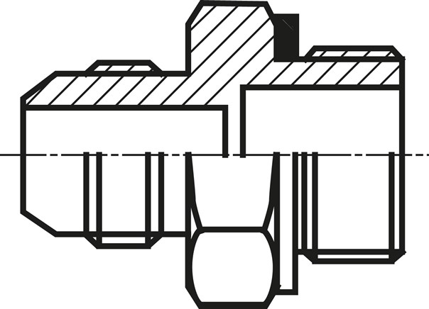 Zeichnung: Doppelnippel mit metrischem Gewinde / JIC-Gewinde (außen) Zeichnung: Doppelnippel mit metrischem Gewinde / J