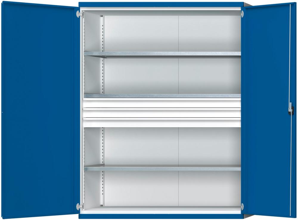 Schwerlastschrank B1485xT690xH1950mm RAL7035/5010 o.Mittelwand3Böden,3Schubladen 200kg