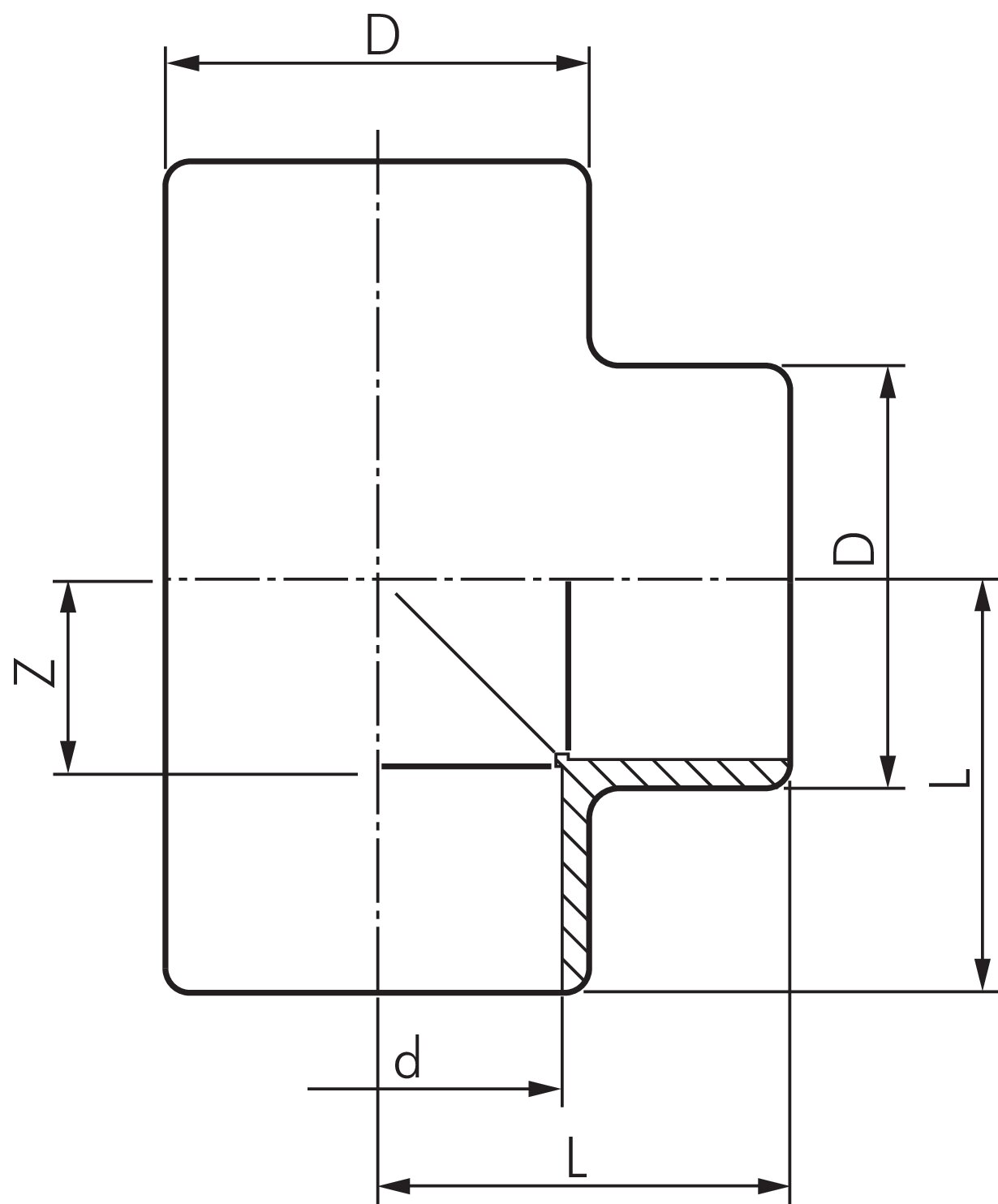 Zeichnung: T-Stück aus PVC-U (Klebefitting)