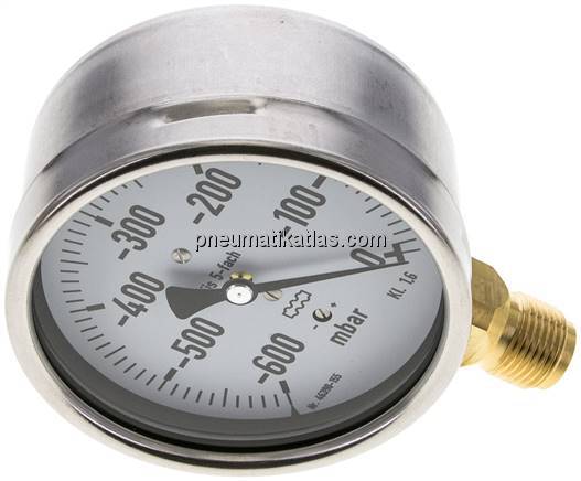 Manometer senkrecht 100mm, -0,6 bar bis 0 bar mbar, G 1/2"