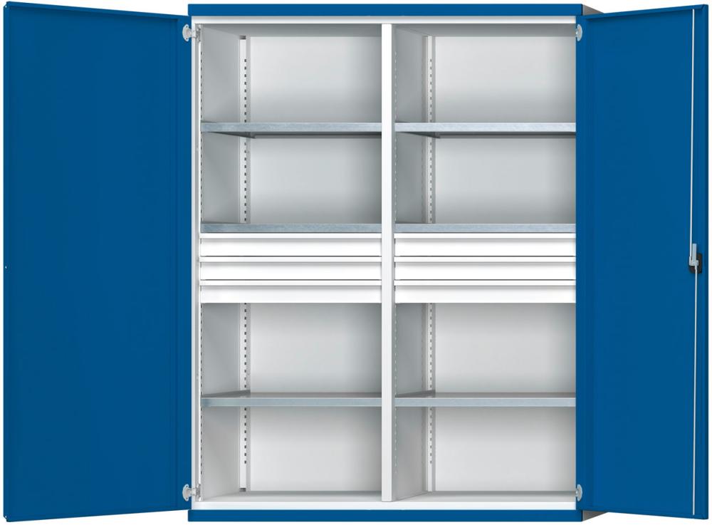 Schwerlastschrank B1485xT690xH1950mm RAL7035/5010 m.Mittelwand6Böden,6Schubladen 200kg