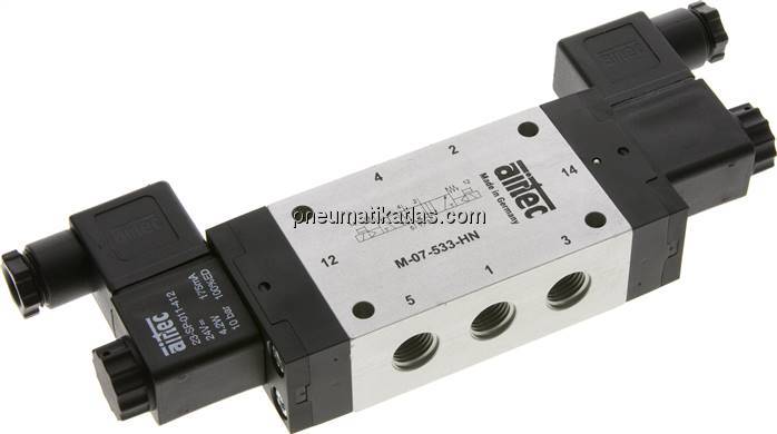 5/3-Wege Magnetventil, G 1/4", Mittelstellung entlüftet, 24 V DC