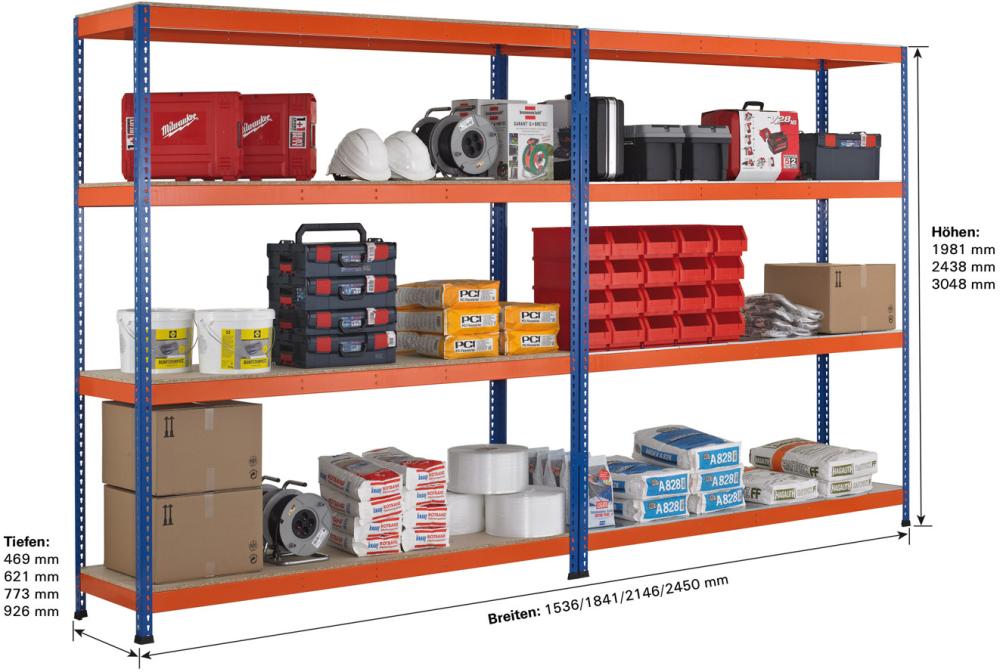 Weitspannregal Z1 B2450xT926xH3048 mm Grundfeld 4 Spanplatten Fachlast 500kg