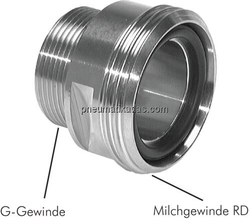 Exemplarische Darstellung: Gewindeeinschraubstutzen (Milchgewinde), 1.4404, DIN 11851 Exemplarische Darstellung: Gewindeeinschraubstutze