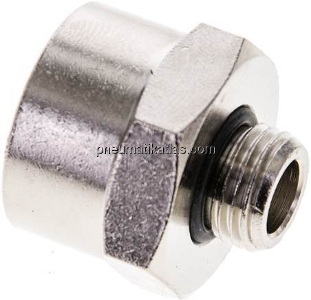 Reduziernippel G 1/4"(AG)-G 1/2"(IG), Messing vernickelt (Elastomerabdichtung) Reduziernippel G 1/4"(AG)-G 1/2"(IG), Messing vernickelt (Elastomerabdichtung)