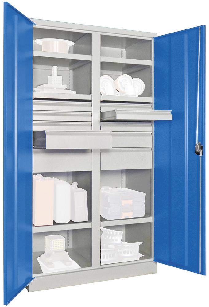 Schwerlastschrank 1950/630/1040 Drehg., mit Trennwand 6 Böden, 8 Schubladen