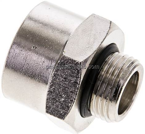 Reduziernippel G 3/8"(AG)-G 1/2"(IG), Messing vernickelt (Elastomerabdichtung) Reduziernippel G 3/8"(AG)-G 1/2"(IG), Messing vernickelt (Elastomerabdichtung)