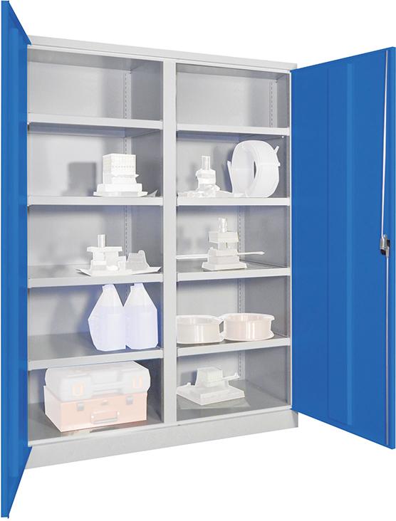 Schwerlastschrank m.TürenB1470xT630xH1950 mm 8 Böden RAL 7035/5012 Mittelwand