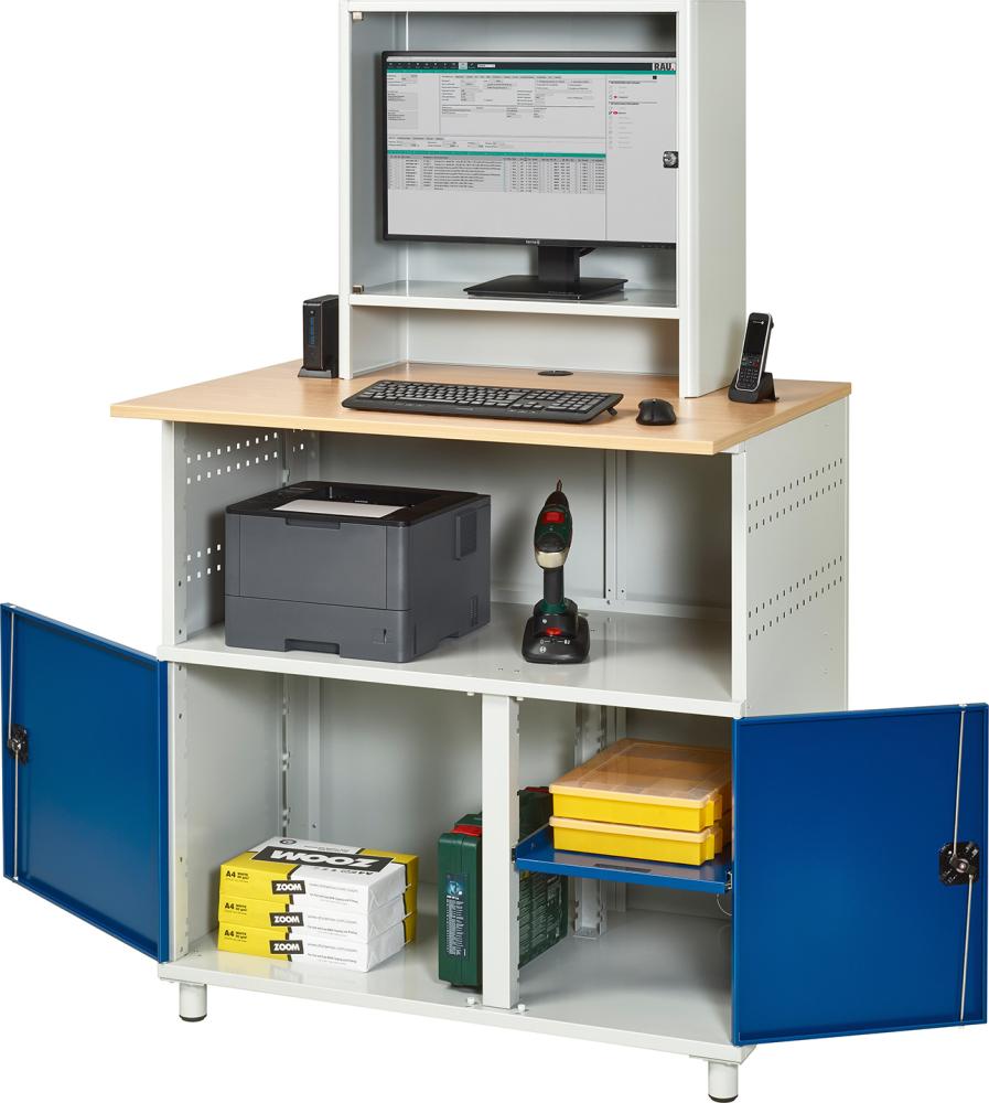 Computer-Tisch B1100xT800xH1810 mm RAL 7035/5010 stationär Gehäuse offen