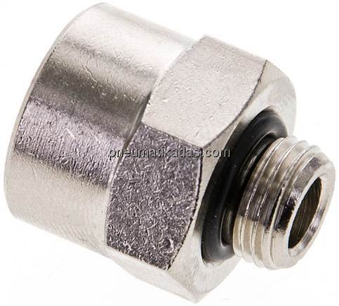 Reduziernippel G 1/8"(AG)-G 1/4"(IG), Messing vernickelt (Elastomerabdichtung) Reduziernippel G 1/8"(AG)-G 1/4"(IG), Messing vernickelt (Elastomerabdichtung)